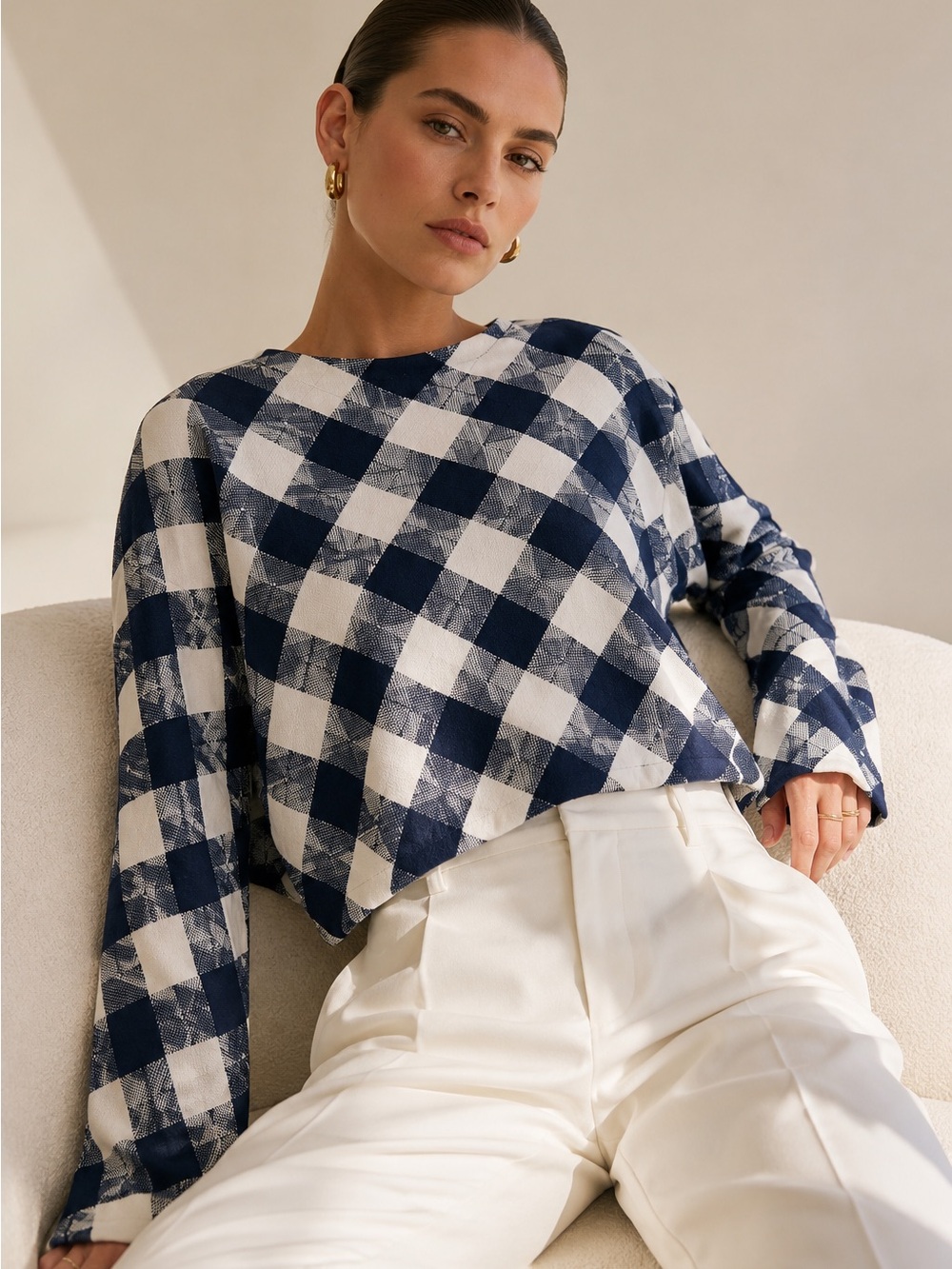 Zara Blue and White Plaid Long Sleeve Crop Top Cotton Linen Blend Size Medium